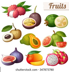 Set of cartoon food icons. Exotic fruits isolated on white background. Lychee (litchi), passion fruit, feijoa, longan, papaya (pawpaw), guava, fig, mango, pitaya (dragon fruit)