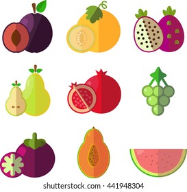 Set of cartoon food icons.  Fruit and berries flat illustration.Pomegranate, plump,  watermelon, dragon-fruit, mangosteen, melon, grape, papaya, pear