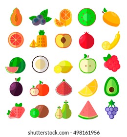 Set of cartoon food icons.  Fruit and berries flat icon set. isolated on white background. Mango, peach, plump, blueberry, pomegranate, coconut, grapefruit, figs, papaya.  Vector illustration.