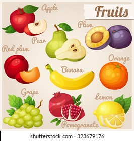 Set of cartoon food icons. Fruits. Red apple, pear, violet plum, red plum, banana, orange, grape, pomegranate, lemon