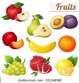 Set of cartoon food icons. Fruits isolated on white background. Red apple, pear, violet plum, red plum, banana, orange, grape, pomegranate, lemon