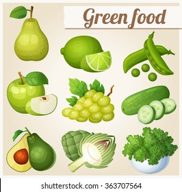 Set of cartoon food icons. Green food. Pear, lime, peas, apple, grapes, cucumber, avocado, artichoke, kale