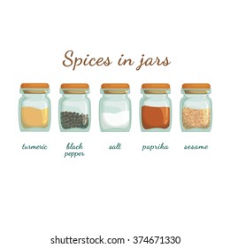 Set Of Cartoon  Food Icons. Spices In Jar. Vector Illustration