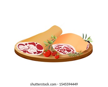 Set of cartoon food: meat cuts assortment on a wooden board - beef, pork, lamb, round steak,tomatoes, herbson a wooden board . Isolated on white background.