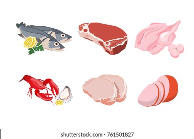 set of cartoon food: meat cuts assortment-beef, pork, lamb, fish, chicken, eggs and sellfish