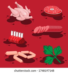 set of cartoon food meat sausage chicken ribs sausage, tenderloin and leaf of parsley isolated on a red background. Vector image eps 10