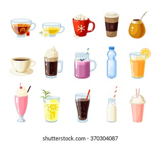 Set of cartoon food: non-alcoholic beverages - tea, herbal tea, hot chocolate, latte, mate, coffee, root beer, smoothie, juice, milk shake, lemonade and so. Vector illustration, isolated on white.