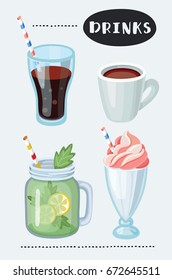 Set of cartoon food: non-alcoholic beverages herbal tea, smoothie, milk shake, lemonade cola, Mojito mint and lemon with striped straw. Vector illustration, isolated on white.