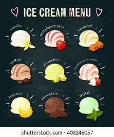 Set of cartoon food on chalkboard: ice cream with different flavours - vanilla, strawberry, caramel, coffee, banana, pistachio, chocolate and mint. Vector illustration.