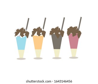 Set of cartoon food tea, coffee ,juice, milk  shake top on whipped cream and chocolate.Vector illustration, isolated on white.