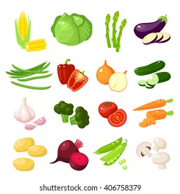 Set of cartoon food: vegetables - corn, cabbage, asparagus, eggplant, carrot, bell pepper, onion, cucumber, garlic, broccoli, tomato, mushroom, potato and so. Vector illustration, isolated on white.