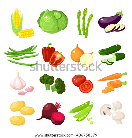 Set of cartoon food: vegetables - corn, cabbage, asparagus, eggplant, carrot, bell pepper, onion, cucumber, garlic, broccoli, tomato, mushroom, potato and so. Vector illustration, isolated on white.