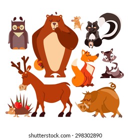 Set of cartoon forest animals as icons or design elements. Bear, wild pig, skunk,fox,owl,reindeer,hedgehog,mouse. Vector illustration isolated on white background