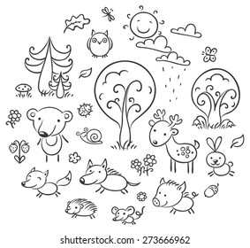 Set of cartoon forest animals and plants, black and white outline