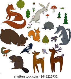 Set of cartoon forest isolated animals for your design.