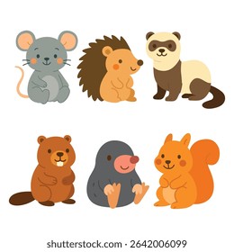 Set of cartoon forest and woodland animals including mouse, hedgehog, ferret, beaver, mole, and squirrel. Flat colorful illustration on white background. Small mammals and wildlife concept. Design for