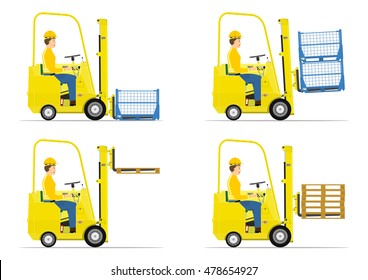 Set of cartoon forklift on a white background. Flat vector