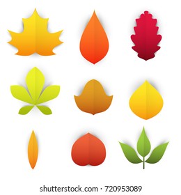 Set of cartoon forms autumn leaves in paper cut trendy craft style. Modern design for advertising, branding greeting card, cover, poster, banner. Vector illustration.