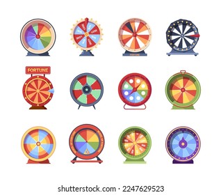 Set of Cartoon Fortune Wheels, Equipment for Lottery Raffle and Gambling Games. Colorful Roulette with Numbers and Lights, Risky Attraction Isolated on White Background. Vector Illustration, Icons