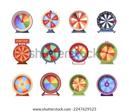 Set of Cartoon Fortune Wheels, Equipment for Lottery Raffle and Gambling Games. Colorful Roulette with Numbers and Lights, Risky Attraction Isolated on White Background. Vector Illustration, Icons
