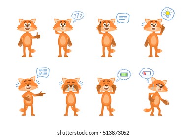 Set of cartoon fox characters posing in different situations. Cheerful fox talking on phone, thinking, pointing up, laughing, crying, tired, full of energy. Flat vector illustration