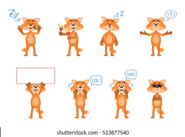 Set of cartoon fox characters posing in different situations. Cheerful fox karaoke singing, dancing, sleeping, thinking, holding banner, laughing, surprised, serious. Simple vector illustration