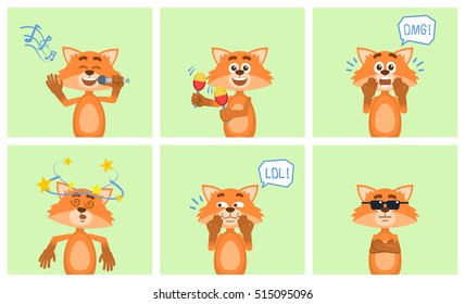 Set of cartoon fox characters posing in different situations. Cheerful fox karaoke singing, dancing, surprised, laughing, serious, feeling dizzy. Flat vector illustration