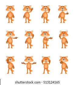 Set of cartoon fox characters showing different hand gestures. Cheerful fox showing thumb up, pointing, waving, greeting and other hand gestures. Simple vector illustration