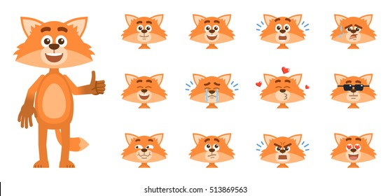 Set of cartoon fox emoticons, emojis. Fox avatars showing different facial expressions. Happy, sad, smile, laugh, cry, tired, surprised, in love and other emotions. Simple vector illustration