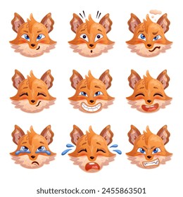 Set of cartoon fox emoticons. Vector illustration.