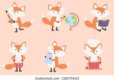 Set of cartoon fox while reading books, exploring globe, painting, playing drums, catching fireflies, cooking.