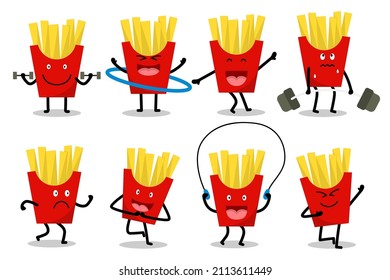 Set of cartoon french fries in various pose and exercite for graphic designer, vector illustration