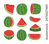 Set of Cartoon fresh green open watermelon half, slices and triangles. Red watermelon piece with bite collection. Sliced water melon fruit vector set, Summer fruit collection, Vegetarian ecology.