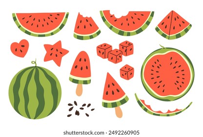 Set of Cartoon fresh green open watermelon half, slices and triangles. Red watermelon piece with bite collection. Sliced water melon fruit vector set, Summer fruit collection, cubes and ice cream