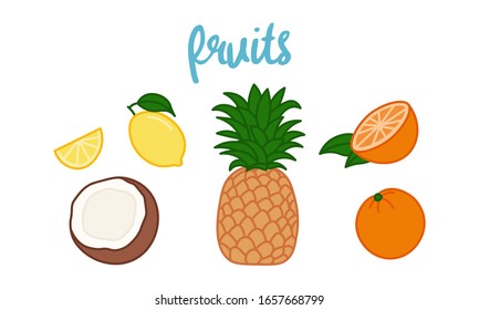 set of cartoon fresh juicy fruits on white background, editable vector illustration for decoration, stickers, print