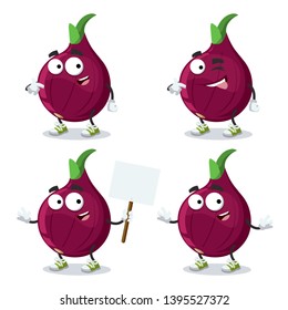set of cartoon fresh whole red onion character mascot on white background