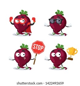 set of cartoon fresh whole red beetroot character mascot on white background