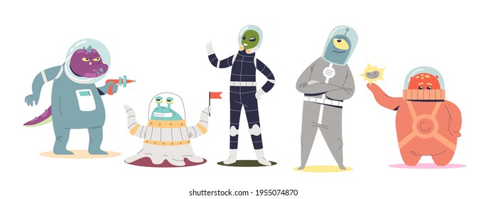 Set of cartoon friendly aliens. Comic space monsters group isolated on white background. Funny galaxy travelers collection. Flat vector illustration