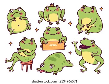 Set of Cartoon Frog in Different Poses Vector Illustration