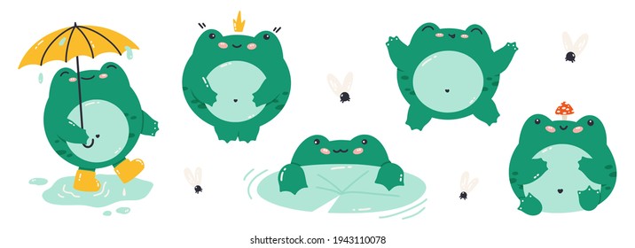 Un conjunto de ranas de dibujos animados aisladas en un fondo blanco. Gracioso sapo, ilustración plana vectorial. Rana princesa, sapo con paraguas, moscas. Colección de adorables anfibios coloridos