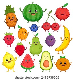 Conjunto de personajes de frutas de dibujos animados. Linda piña, sandía, manzana, fresa, cereza, plátano, pera, limón, naranja, albaricoque, frambuesa, ciruela con brazos y piernas para niños. Ilustración de comida. Vector