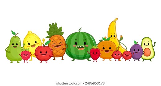 Set of cartoon fruit characters. Cute pineapple, watermelon, apple, strawberry, cherry, banana, pear, lemon, orange, apricot, raspberry,plum with arms and legs for kids. Food illustration. Vector