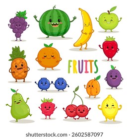 Set of cartoon fruit characters. Cute pineapple, watermelon, apple, strawberry, cherry, banana, pear, lemon, orange, apricot, raspberry, plum with arms and legs for kids. Food illustration. Vector