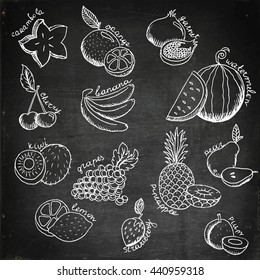 Set of cartoon fruit. Fruit icons. Hand drawn fruits vector stock illustration. Chalk board drawing fruits