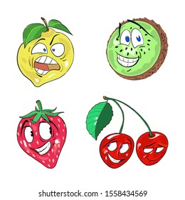 Set of cartoon fruit. Isolated on white background. Vector illustration.