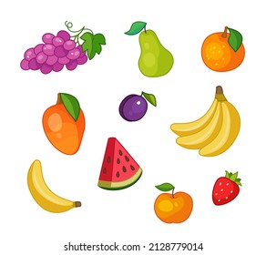 Set of cartoon fruits. Banana, grapes, pear, watermelon, strawberry. Vector illustration in cartoon childish style. Isolated funny clipart on white background. cute print.