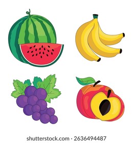 Set of cartoon fruits and berries. Watermelon, bunch of bananas, bunch of grapes and peach. Vector graphics.