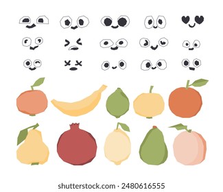 Set of cartoon fruits characters and faces. Flat apple, pear, peach, banana, lemone, lime, pomegranant, avocado, orange with emotions faces for kids. Cute food. Funny menu vector illustration.