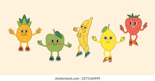 Set of cartoon fruits, characters in retro style. Groovy fruit stickers set