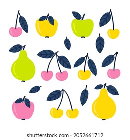 Set of cartoon fruits. Juicy pears, cherries and apples. Fruit isolated on white background. Vector illustration